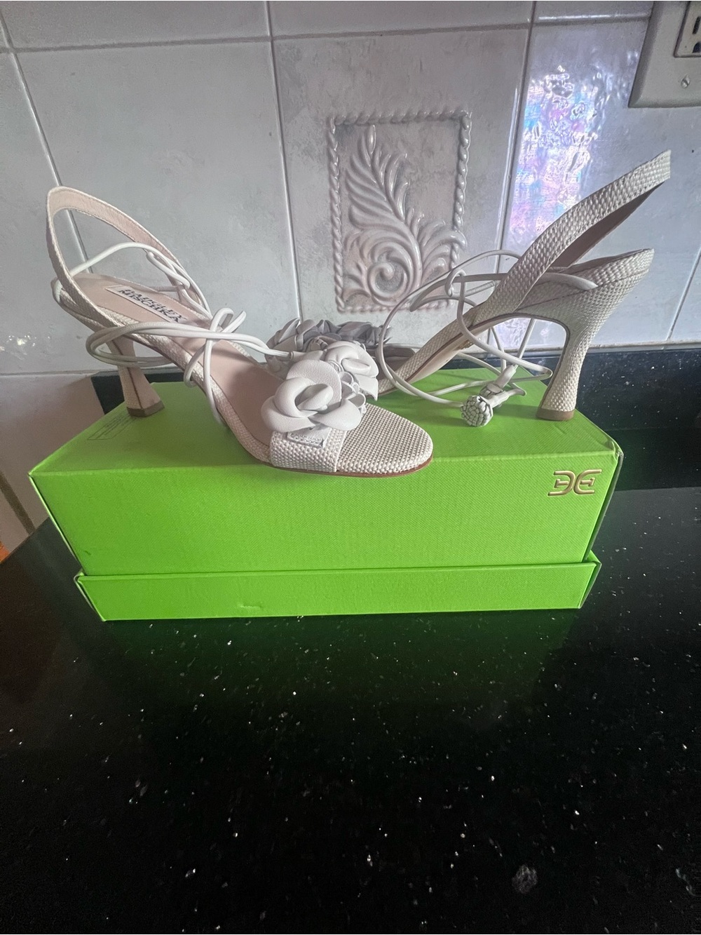Badgley Mischka Ivory Floral-Strap Heeled Sandals
